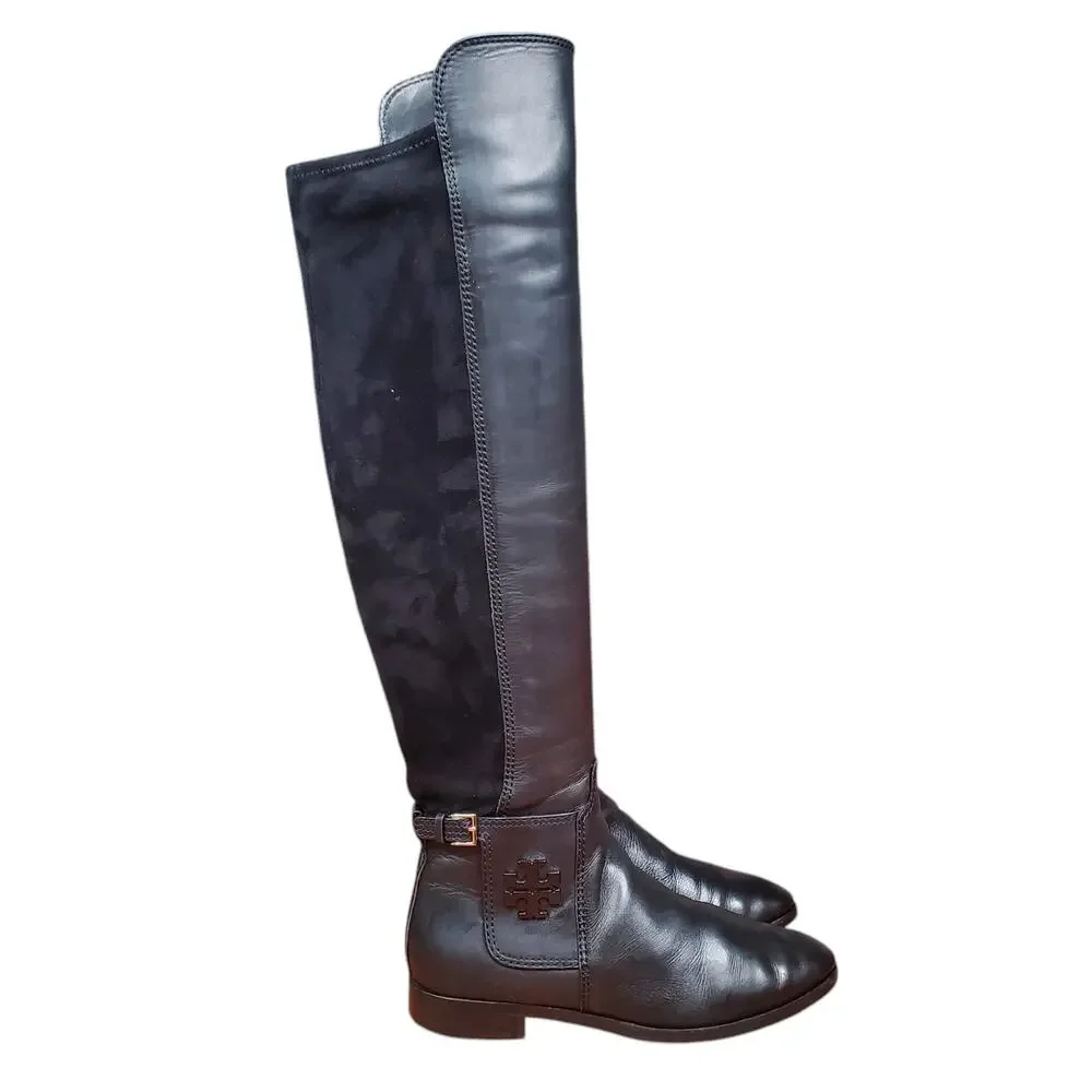 Tory Burch Wyatt Over The Knee Riding Boots Leather Black Logo 40791 Size 7